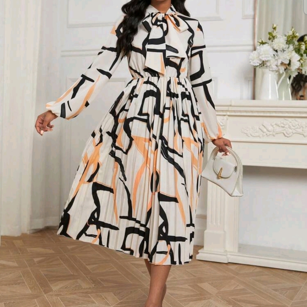 Abstract Print Tie Neck Pleated Dress